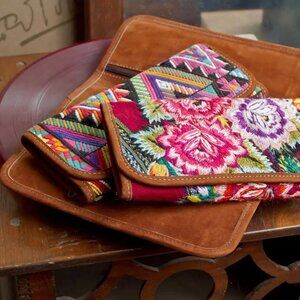 NWT floral Altiplano Nu-buck Leather huipile Embroidered Wallet